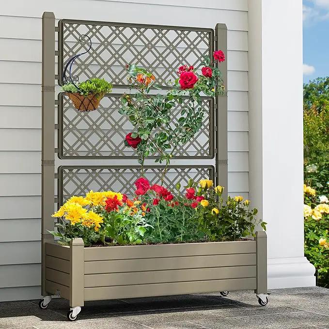YITAHOME 3.6x1.5x5 FT Planter Box Trellis with Wheels, Large Outdoor Plastic Raised Garden Bed with Drain Plug for Climbing Plants, Light Brown by GreenHaven Gardens
