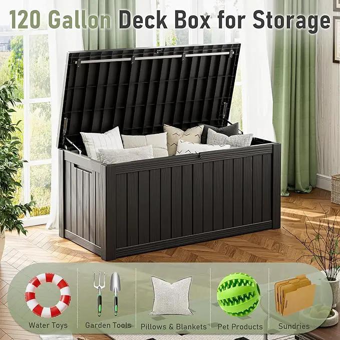 NUNU LAB Outdoor Storage Box,120 Gallon Deck Box,Resin Waterproof Outside Storage Bench,Outdoor Storage Cabinet With Lockable Lid,Backyard Deck Box For Garden Tools,Patio Cushions,Pool Accessories by GreenHaven Gardens