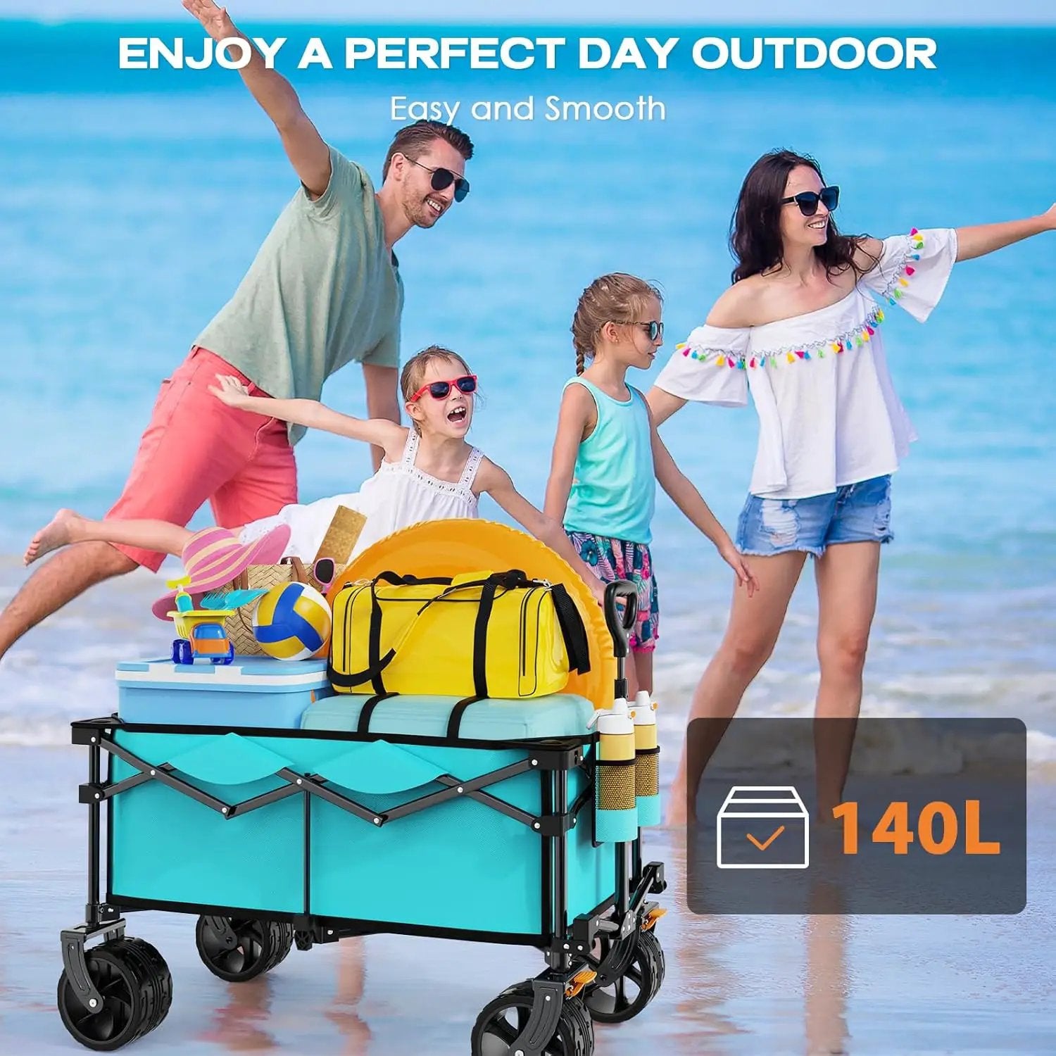 Collapsible Wagon Cart Heavy Duty Foldable, Folding Beach Wagon with Big Wheels for Sand, Utility Grocery Cart with Side Pocket and Brakes for Sports Outdoor Activities, Light Blue by GreenHaven Gardens
