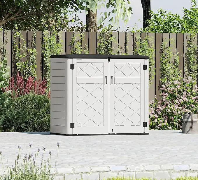 HOMSPARK Storage Shed Weather Resistance, Multi-Purpose Outdoor Storage Cabinet for Backyards and Patios, Horizontal Storage Shed for Lawnmower, Patio Accessories (Off-White, Large - 48 cu.ft) by GreenHaven Gardens