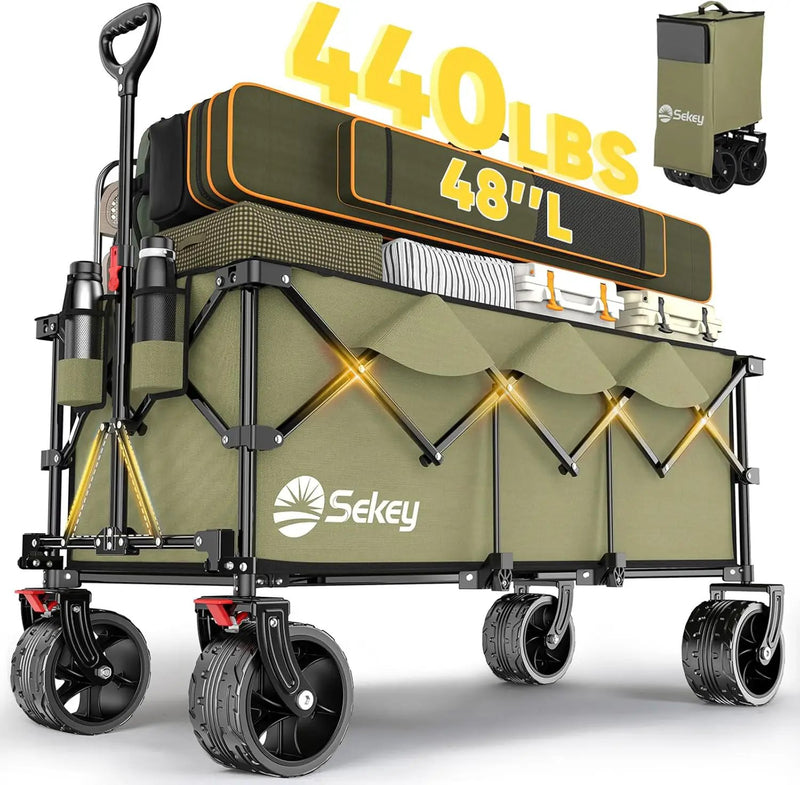 Sekey 48''L Collapsible Foldable Extended Wagon with 440lbs Weight Capacity, Heavy Duty 300L Folding Utility Garden Cart with Big All-Terrain Beach Wheels & Drink Holders. Khaki by GreenHaven Gardens