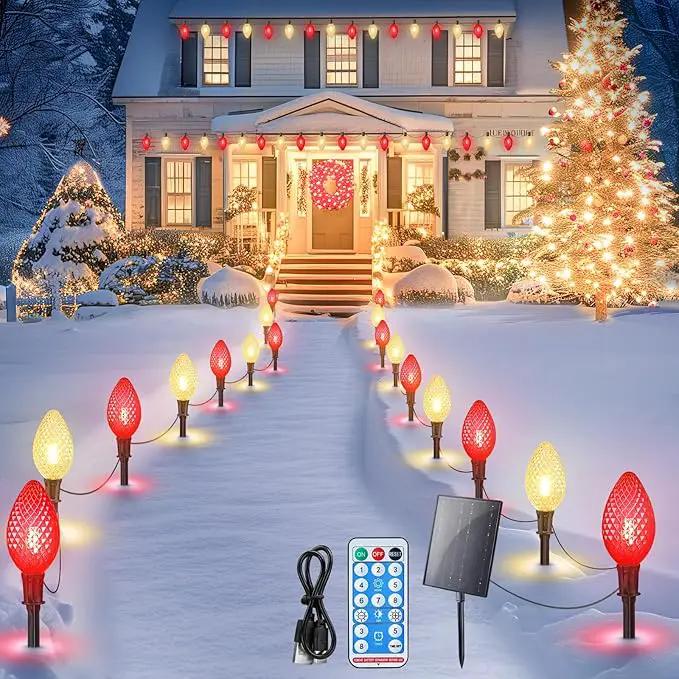 Minetom Solar Double C9 Strawberry Christmas Pathway Lights Outdoor -16FT 10 LED C9 Christmas Lights Outdoor with Timer,8 Modes,Solar Christmas Outdoor Decorations for Lawn Outside, Red & Warm White by GreenHaven Gardens
