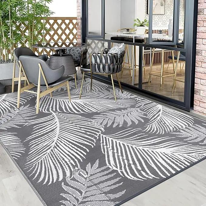 Pauwer Waterproof Outdoor Rug 6x9, Reversible Plastic Straw Patio Camping Rug, Indoor Outdoor RV Mat Carpet for Deck, Camper, Porch, Balcony, Backyard, Picnic, Leaf Grey by GreenHaven Gardens
