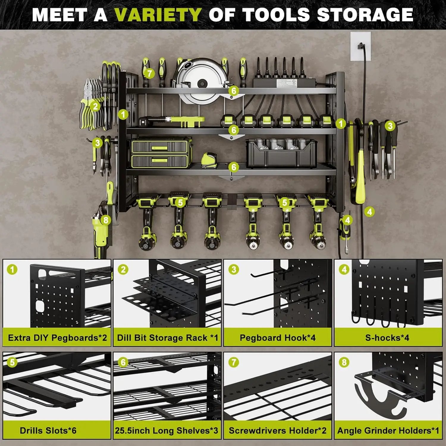 Power Tool Organizer Wall Mount with Charging Station 4 Layer 6 Slot Cordless Drill Holder with Angle Grinder Holder (Black) by GreenHaven Gardens