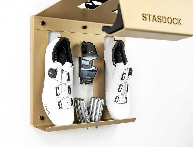 Wall Bike Rack | Bike Storage Wall Mount System | For Race Bicycles (New Gold) and Mountain Bikes | Bike Shelf | Indoor bike wall bracket | Store your helmet and shoes | Home and Garage by GreenHaven Gardens