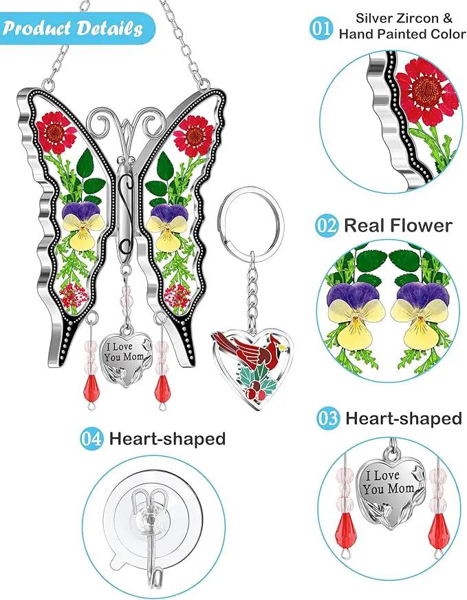 KY&BOSAM Butterfly Suncatcher I Love You Mom Gifts for Mom Pressed Flower Between Wings Glass for Windows Metal Engraved Charm as Gifts for Mother's Day Valentine's Birthday Thanksgiving Christmas by GreenHaven Gardens