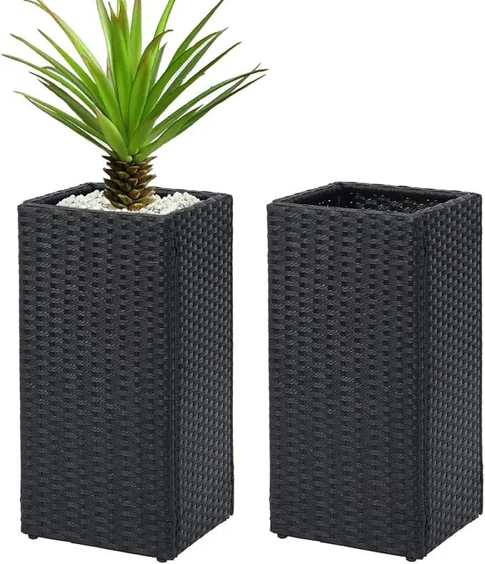 LEWIS&WAYNE Set of 2 Tall Planters for Outdoor Plants Handmade 24'' Wicker Tall Square Planter Box with Removable Liners Modern Planter for Indoor Outdoor Garden Patio Front Porch - Black by GreenHaven Gardens