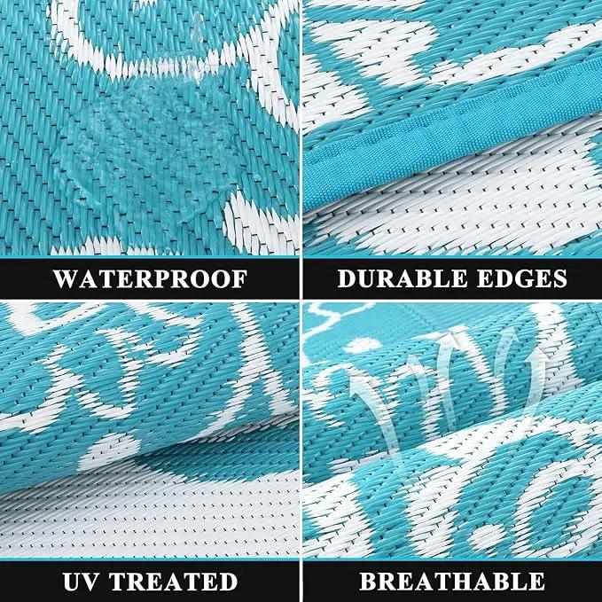 Pauwer Waterproof Outdoor Rug 10x14, Reversible Plastic Straw Patio Camping Rug, Indoor Outdoor RV Mat Carpet for Deck, Camper, Porch, Balcony, Backyard, Picnic, Boho Teal by GreenHaven Gardens