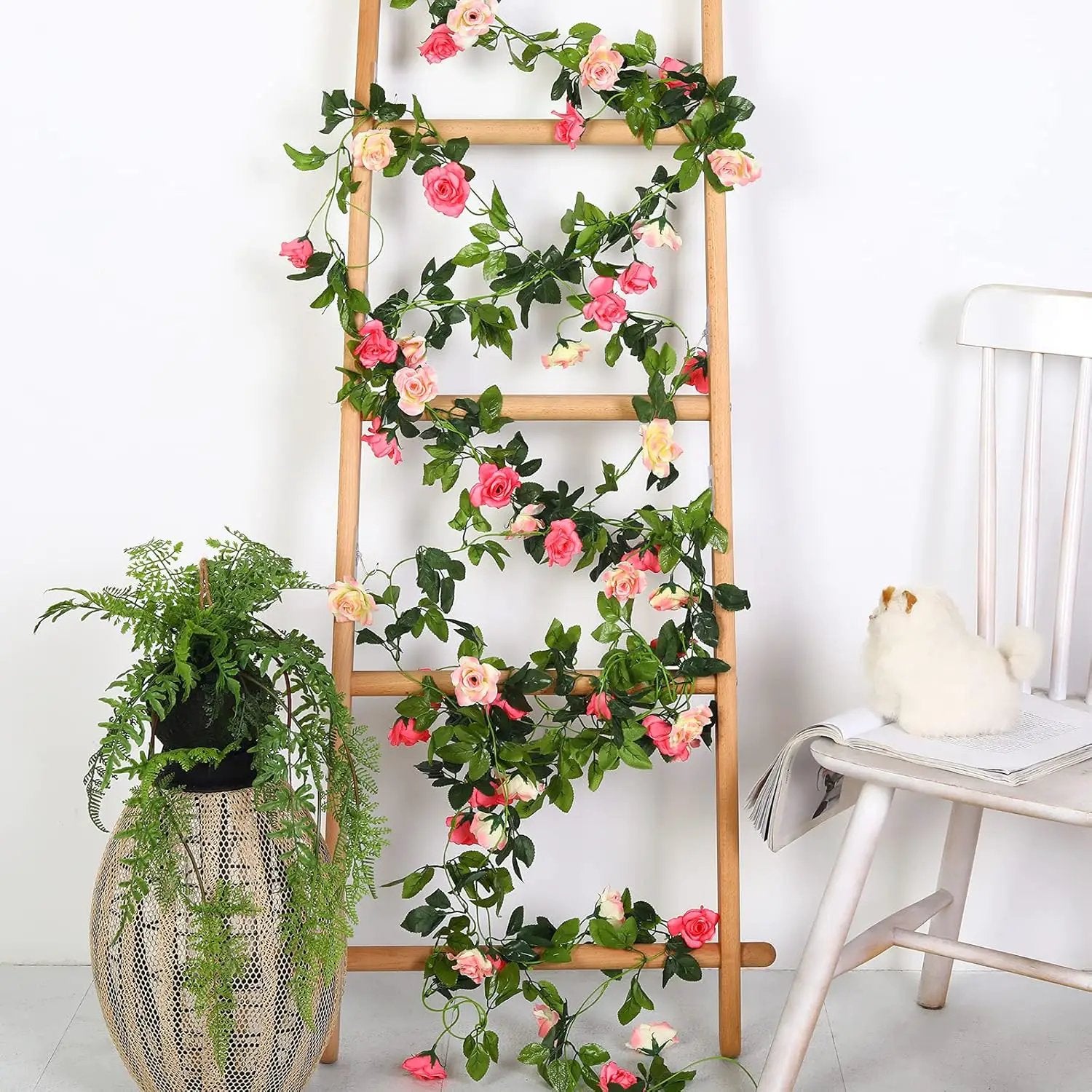 JUSTOYOU Artificial Rose Garland Vines Pink Flowers Hanging Silk Rose Vine for Wedding Home Office Arch Arrangement Decoration 7.6FT(2PCS) by GreenHaven Gardens
