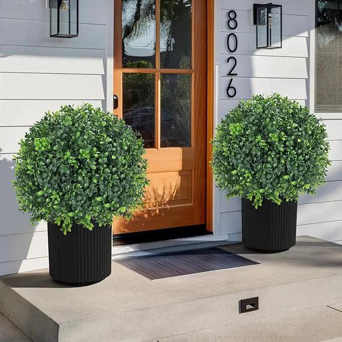 Artificial Boxwood Topiary Ball Tree 24" with Ground Spike, Set of 2 Artificial Boxwood Bushes for Faux Shrubs, Fake Evergreen Faux Plant for Indoor Outdoor Porch Garden- UV Resistant – Fade-Proof by GreenHaven Gardens