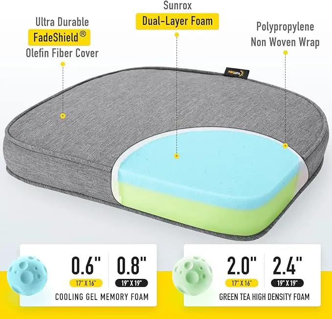SUNROX Gel Memory Foam Chair Cushions, FadeShield Water-, Stain-Resistant Durable Reversible Seat Cushion Pads with Ties for Indoor/Outdoor Kitchen Dining Office, 19"x19", Set of 2, Heather Charcoal by GreenHaven Gardens