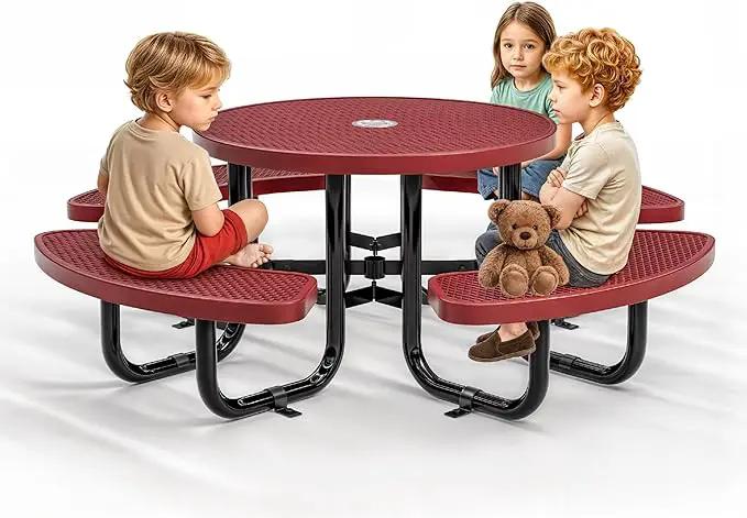 Metal Picnic Tables for Kids for Outdoors with Umbrella Hole - Coated Steel Heavy Duty Commercial Grade Table with Adjustable Seats (Red, 38 in, Kids, Expanded Steel) by GreenHaven Gardens