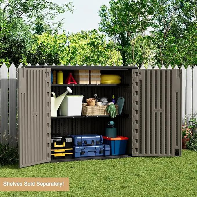 KINYING Outdoor Horizontal Storage Sheds,Outdoor Storage Cabinet Waterproof Resin Tool Storage Box for Lawn Mower,Garden Tools and Patio Furniture, Lockable (Brown) by GreenHaven Gardens