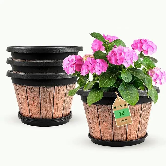Quarut 4 Pack 12 inch Plant Pots,Whiskey Barrel Planters with Drainage Holes & Saucer,Plastic Decoration Flower Pots Retro Design,Planters for Outdoor Indoor Garden Home Plants (Brown) by GreenHaven Gardens