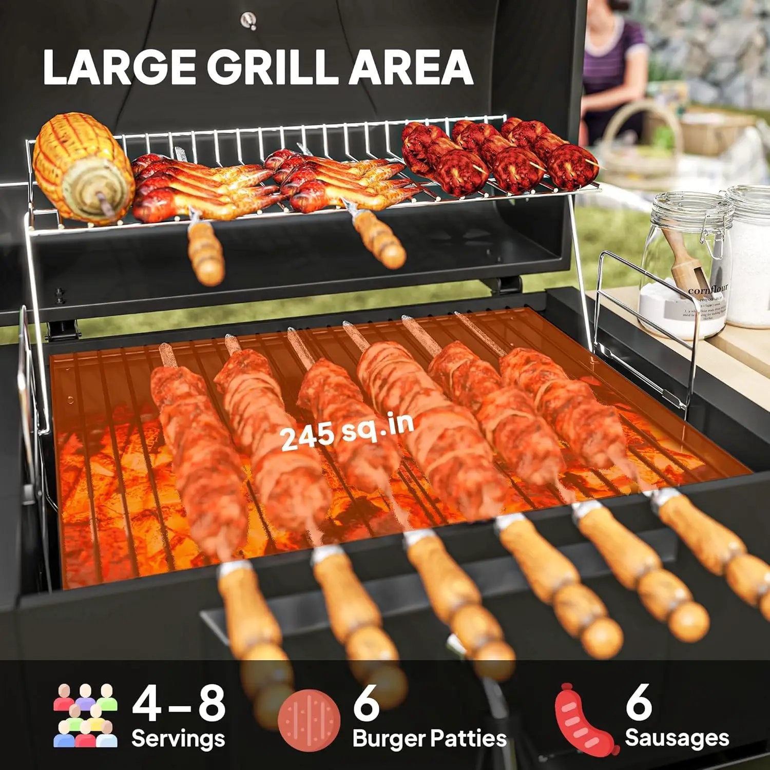 Outsunny Charcoal BBQ Grill with 245 sq. in. Cooking Area, Outdoor Barbecue Grill with Adjustable Charcoal Pan, 3 Shelves, Thermometer, Wheels for Patio, Backyard, Party, Picnic, Black by GreenHaven Gardens