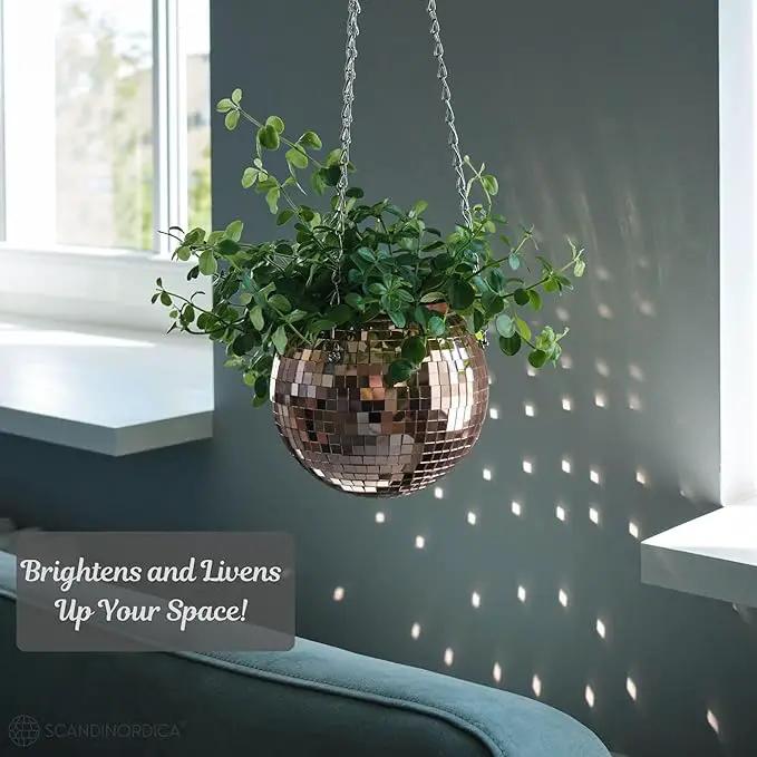 SCANDINORDICA Disco Ball Planter – Value Package: Mirror Disco Planter with Chain, Macrame Hanger and Acrylic Stand for Desk, Includes Self Watering Insert, Plant Gifts | 8 inch Rose Gold by GreenHaven Gardens