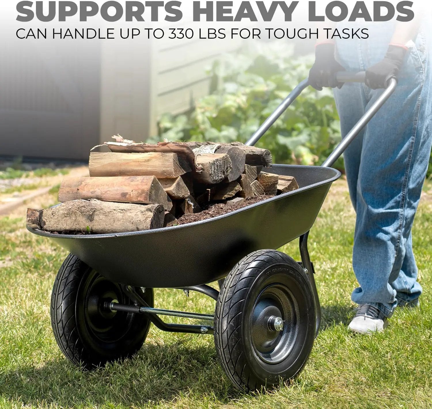 XtremepowerUS Utility Garden Wheelbarrow Garden Cart Dual-Wheel Built-in Stand Flat-Free 16" Tires 330 LBS Capacity 5 cu/ft. Metal Tray by GreenHaven Gardens