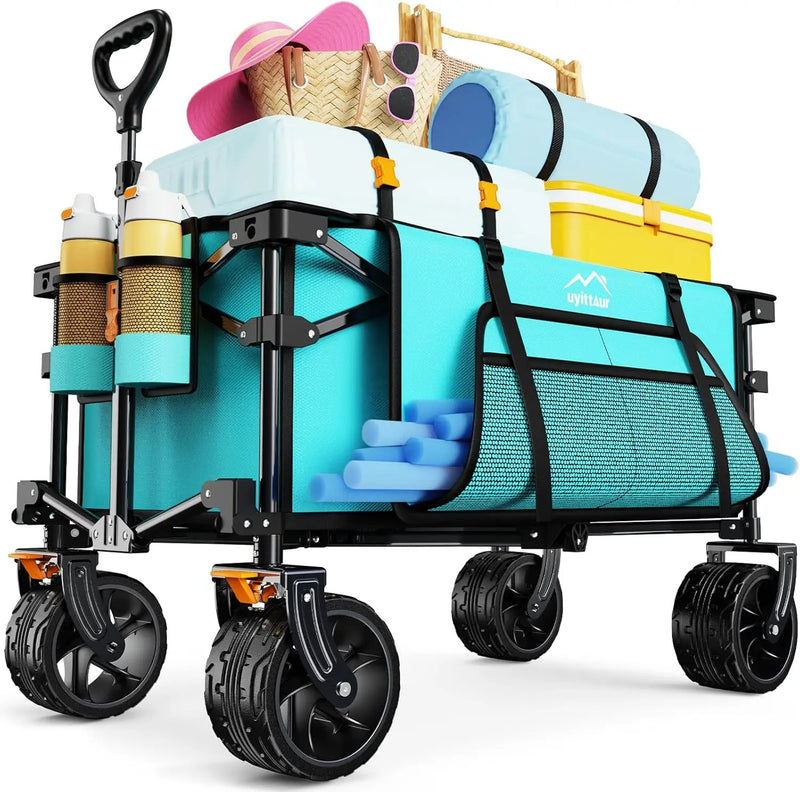 Collapsible Wagon Cart Heavy Duty Foldable, Folding Beach Wagon with Big Wheels for Sand, Utility Grocery Cart with Side Pocket and Brakes for Sports Outdoor Activities, Light Blue by GreenHaven Gardens
