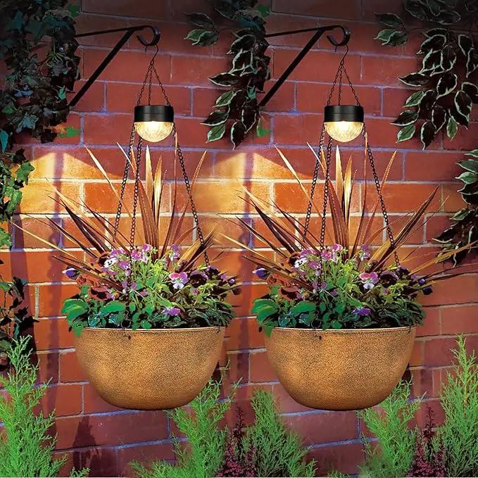 2 Packs Hanging Planters Basket for Outdoor Plants, Solar Powered Self Watering Bronze Round Plastic Flower Pots with Drainer for Balcony Patio Garden Outdoor Decoration by GreenHaven Gardens
