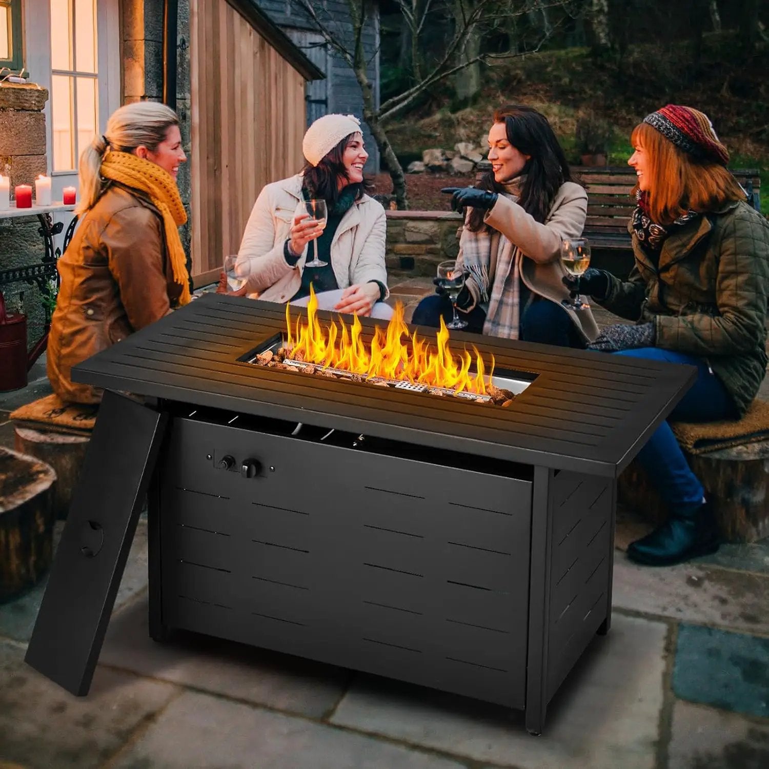 45 inch Propane Fire Pit Table,50000 BTU Gas Fire Pits Table with Lid & Lava Rock & Waterproof Cover, Outdoor Propane Firepit for Dining or Party, Outside, Patio, Garden, Yard by GreenHaven Gardens