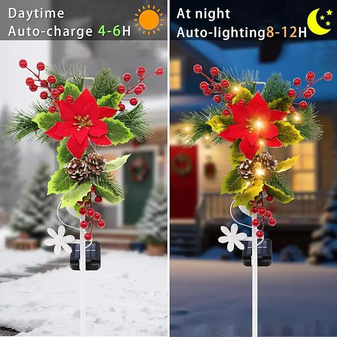 Solar Christmas Decorations Outdoor, 32 Inch Solar Christmas Cross Stake Lights, Waterproof Grave Decorations with Poinsettia Flower Pinecones Red Berries for Garden Yard Patio Lawn Cemetery by GreenHaven Gardens