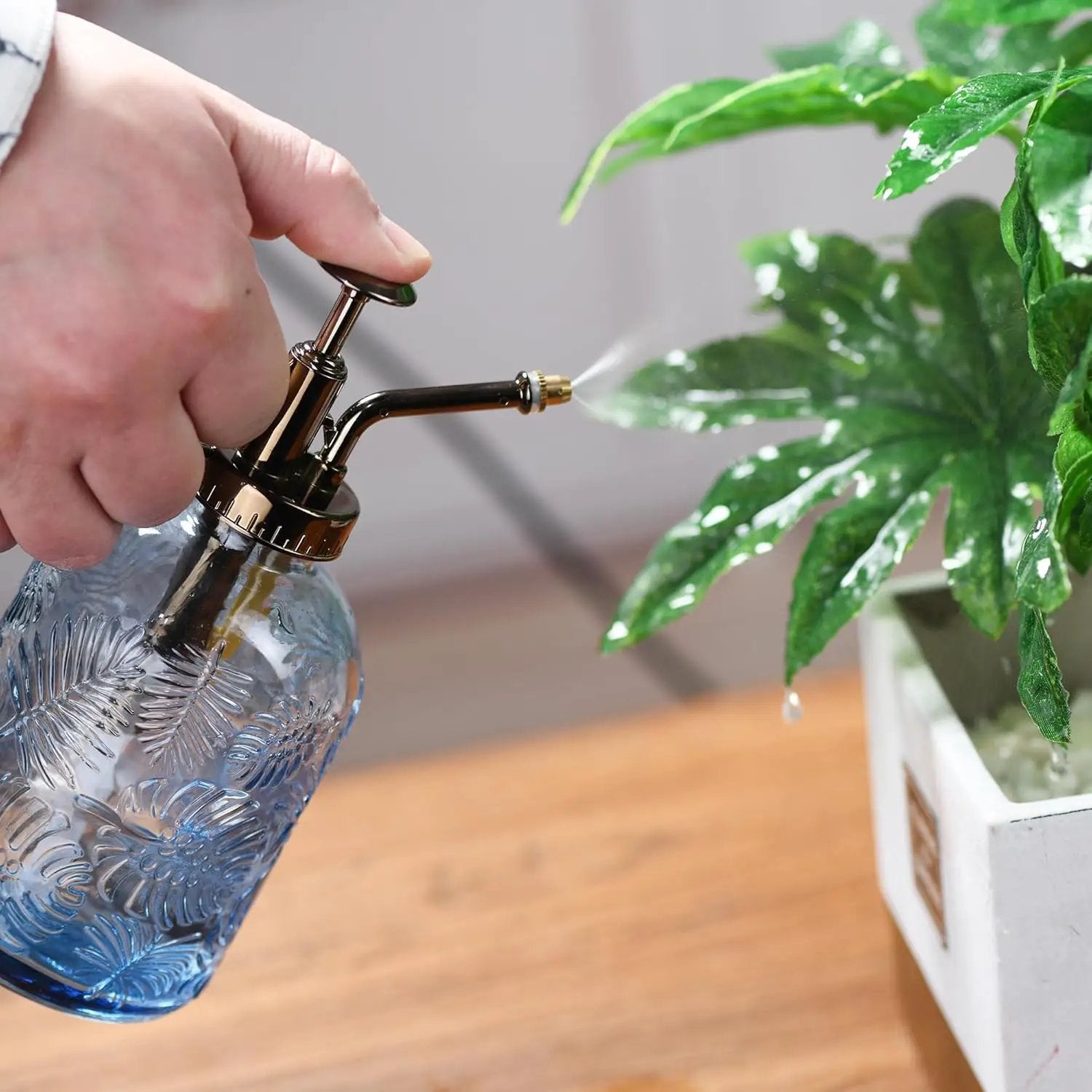 11.8 Ounce Glass Plant Spray Bottle, Glass Leaf Print One Handed Watering Can with Antique Brass Plastic One Handed Top Pump, 7.6 Inch Tall Indoor and Outdoor Plant Small Spray Bottle (Blue) by GreenHaven Gardens