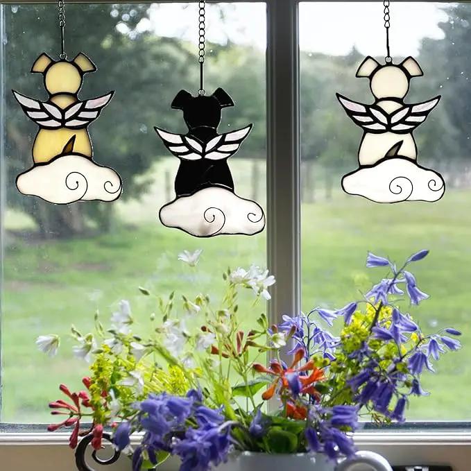 Stained Glass Angel Wings Dog Memorial Gifts for Loss of Dog Sympathy Gift Suncatcher, Rainbow Bridge Pet Passing Away Remembrance in Memory, Dog Bereavement Gifts for Loss of Pet,White by GreenHaven Gardens