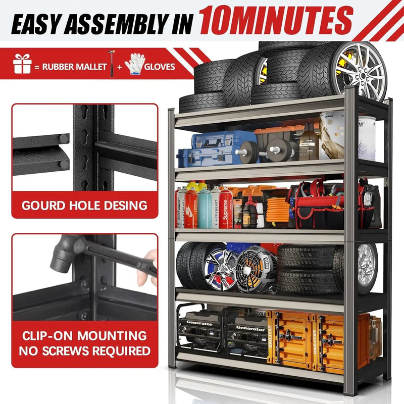 2500lb Capacity Heavy Duty Industrial Shelves | 5-Tier Steel Storage Rack | Adjustable Garage, Warehouse, Workshop Shelving | 71" H x 39.4" W x 17.7" D | Black by GreenHaven Gardens