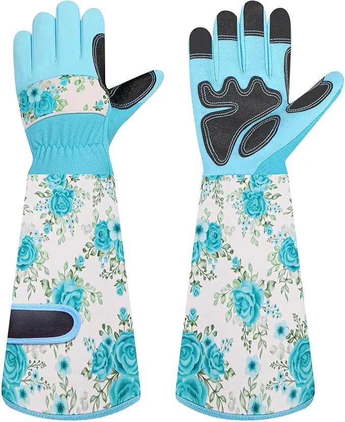 DLY Gardening Gloves for Women, Rose Gloves Gardening Thorn Proof, Long Garden Gloves for Women, Breathable & Durable Leather Gauntlet(Medium, Light Blue) by GreenHaven Gardens