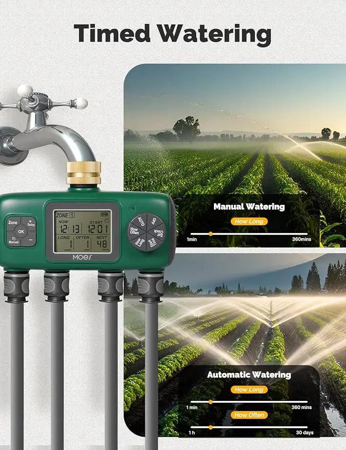 MOES 4 Outlet Sprinkler Timer, Brass Inlet, Programmable Automatic Irrigation Controller, Rain Delay, Manual Watering, 4 Zone Water Hose Timer for Gardens, Lawns, and Hose Systems by GreenHaven Gardens