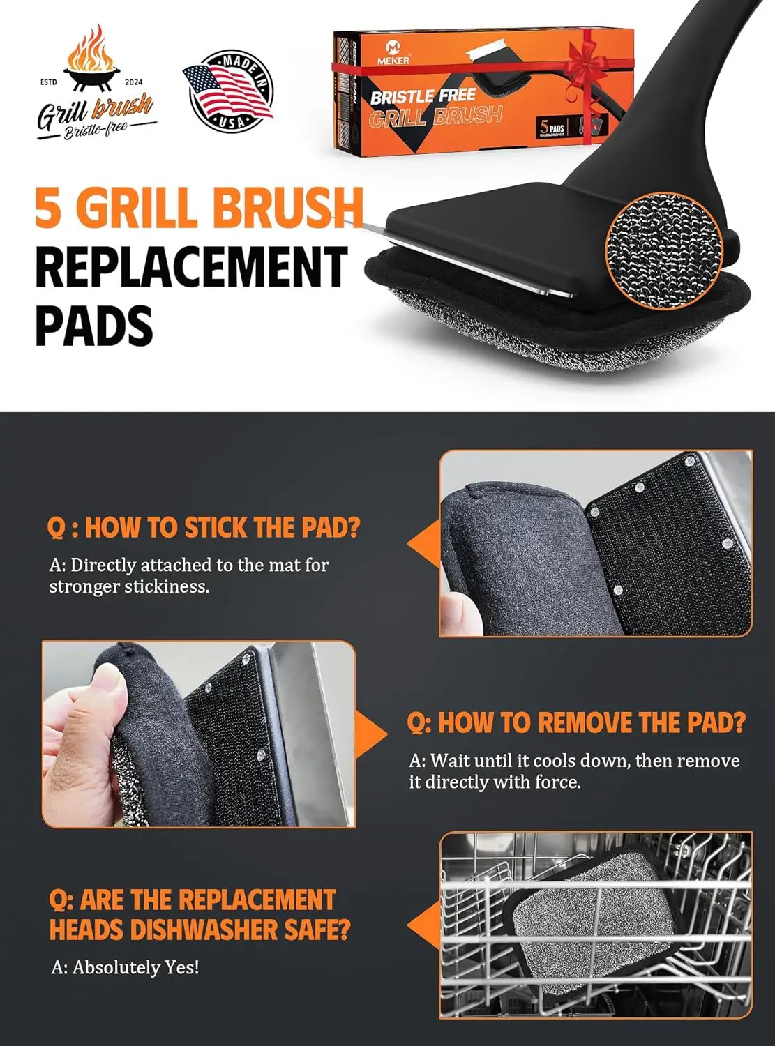 MEKER Grill Brush Bristle Free Replacement Pad, Ultra Safe Cleaning, Grill Cleaner Pad, Grill Brush Replacement Pad, 4 PCS by GreenHaven Gardens