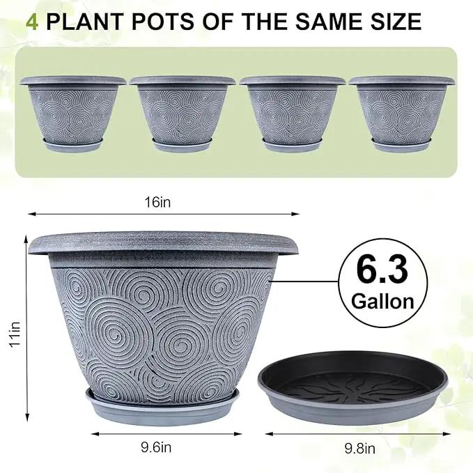 16 Inch Large Planter Pot for Plants Indoor Outdoor, 4 Pack Plastic Flower Pots with Drainage Hole & Tray, Modern Decorative Garden Pot with Saucer, Plant Container for House by GreenHaven Gardens