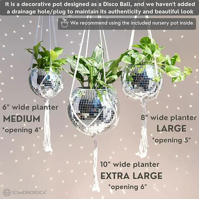 SCANDINORDICA Disco Ball Planter – Value Package: Mirror Disco Planter with Chain, Macrame Hanger and Acrylic Stand for Desk, Includes Self Watering Insert, Disco Ball Decor | 6 inch Silver by GreenHaven Gardens