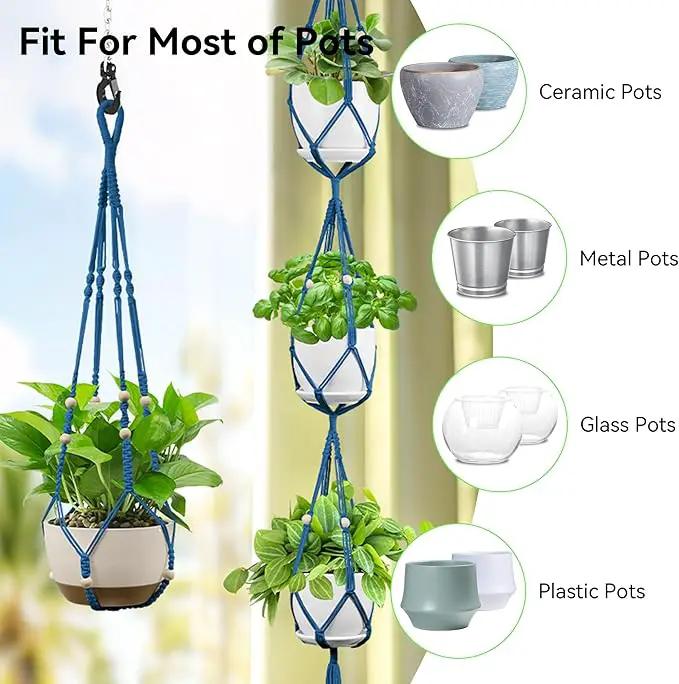 USLAI Macrame Plant Hanger Indoor Outdoor, Up to 4-15 inch Pot, Heavy 20lb Planters, Extra Long Strong Hanging Planter Basket Holder, Boho Home Decor, 35+72 Inch, Blue (POTS NOT Included) by GreenHaven Gardens