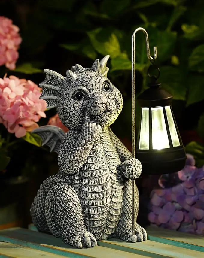 Goodeco Dragon Statue with Solar Lantern - Garden Decor for Lawn, Patio, and Yard - 8.3 inches Dragon Gifts & Outdoor Decorations by GreenHaven Gardens