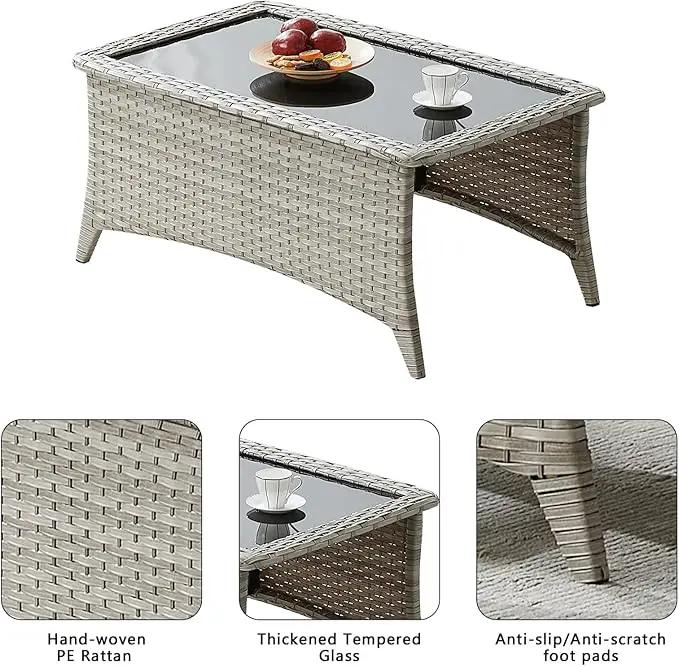 Patio Tables Wicker Coffee Table - Outdoor Rattan Coffee Tables with Glass Top for Patio Proch Deck Balcony Rectangle Light Grey by GreenHaven Gardens