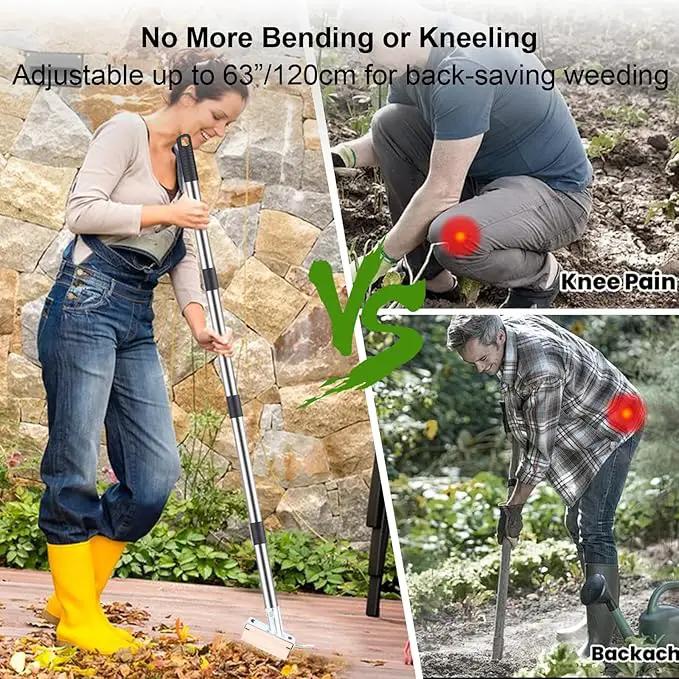 Long Handle Crack Weeder Tool Set with Adjustable 63 inch Handle, 2-in-1 Stainless Steel Crevice Weeding Tool & Brush for Weed and Moss Removal from Patios, Driveways, Sidewalk Cracks by GreenHaven Gardens