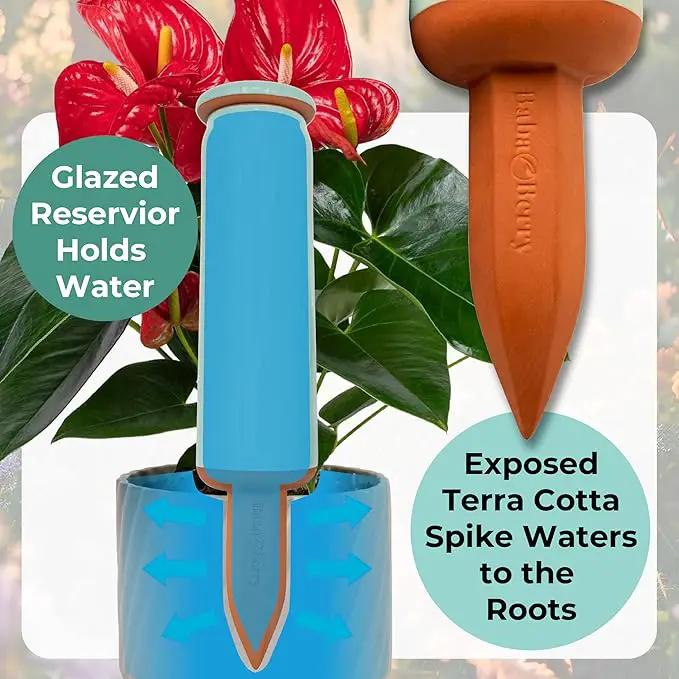 Terracotta Watering Spikes 2 Pack 17.5oz Capacity Plant Watering Devices Self Watering Spikes Large Plant Watering Globes Self Watering Planter Insert AcquaTerra with Root Dibber Installer by GreenHaven Gardens