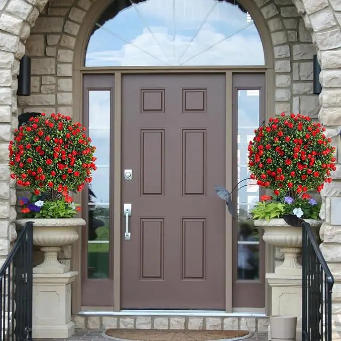 Artificial Rose Topiary Trees, 17 Inch UV-Resistant Red Flowers, Set of 2 with Ground Stakes, Indoor Outdoor Decorative Plants by GreenHaven Gardens