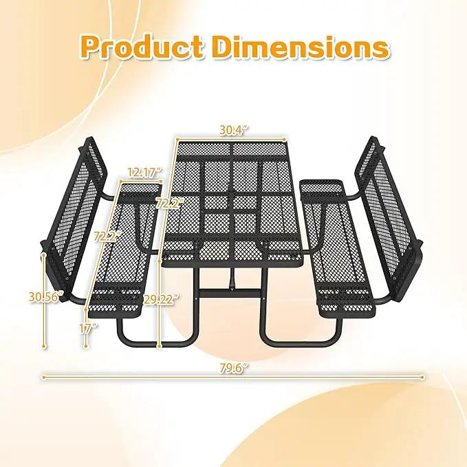 79'' Steel Rectangular Picnic Table for Outdoors, with backrest, Expanded, Lifetime Picnic Table with Umbrella Hole, Heavy Duty Sturdy Commercial Picnic Tables for Garden Courtyard BBQ, Black by GreenHaven Gardens