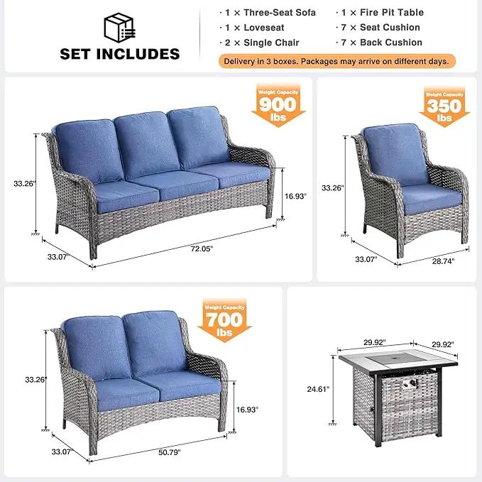 ovios 5 Pieces Patio Furniture Set with 30" Fire Pit Table, Outdoor Wicker Sofa with Loveseat, Comfy Cushions, High Back Couch Conversation Set, Grey Rattan, Denim Blue by GreenHaven Gardens