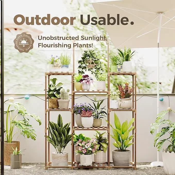 Bamworld Plant Stand Indoor Outdoor Large Plant Shelf Tall Hanging Plant Holder Wood Flower Stand for Window Living Room Garden Balcony Home Decor Flower Patio 3 Tiers by GreenHaven Gardens
