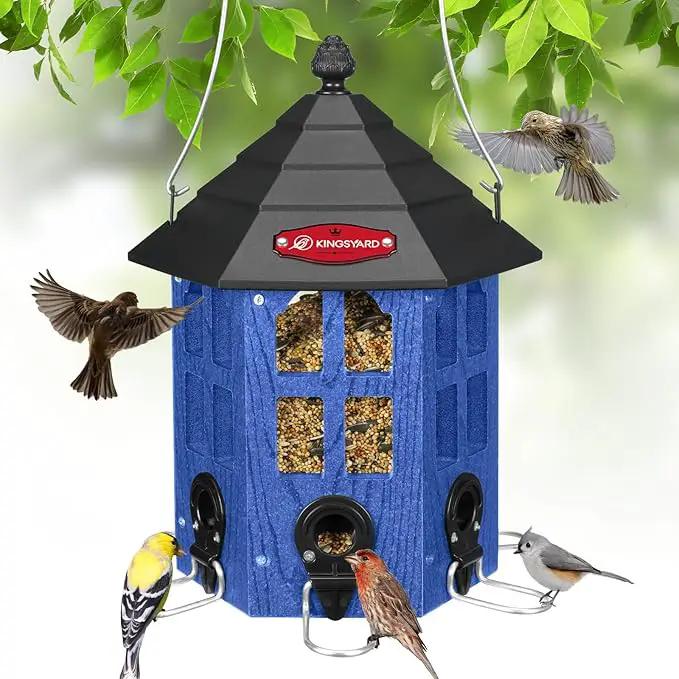 Kingsyard Wild Bird Feeder for Outdoor Hanging, Recycled Plastic Bird Feeders with 6 Ports & U-Shape Perch, Garden Yard Outside Decoration, 3.5 lbs Seed Capacity, Blue by GreenHaven Gardens