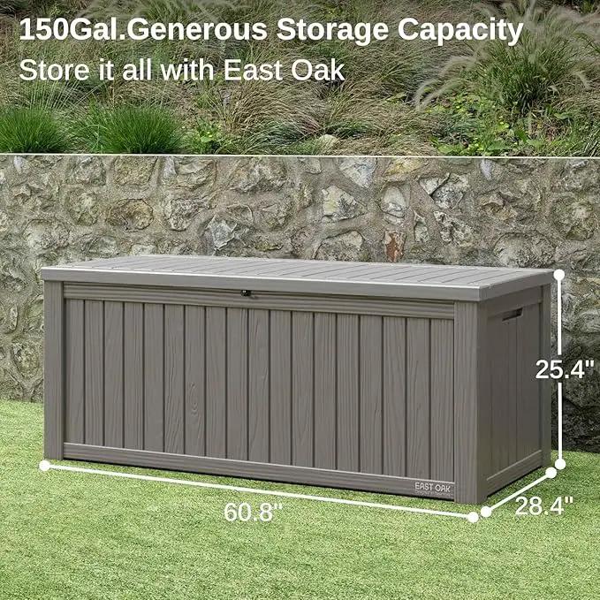 EAST OAK Outdoor Storage Box, 150 Gallon Deck Box, Large Resin Storage Bin for Patio Cushions, Gardening Tools, Lockable, Waterproof and UV Resistant, Grey by GreenHaven Gardens