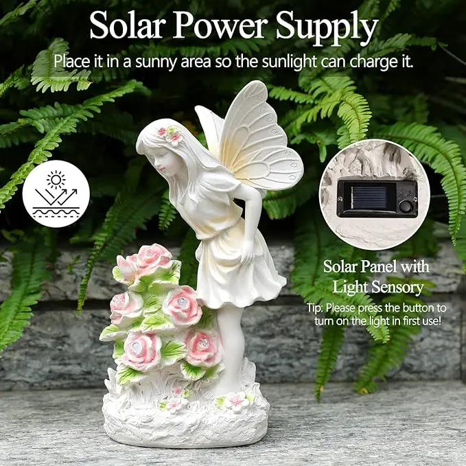 Angel Garden Statue, Guardian Solar Garden Decor with Warm Light, Waterproof Butterfly Angel Figurine with Flowers, Outdoor Garden Decor Sculpture for Lawn Yard Patio Windowsill, White by GreenHaven Gardens