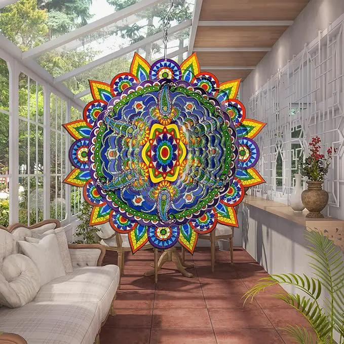Mandala Wind Spinners, 3D Metal Wind Spinners Outdoor for Yard and Garden,12inch Stainless Steel Hanging Wind Spinners, Kinetic Yard Art Garden Decor Ornament Gifts by GreenHaven Gardens