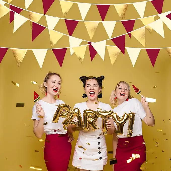Burgundy Party Decorations Gold Maroon Beige Fabric Triangle Pennant Banner Garnet Flag Bunting Garland for Graduation Wedding Birthday Bridal Shower Bachelorette Anniversary Engagement Party Supplies by GreenHaven Gardens