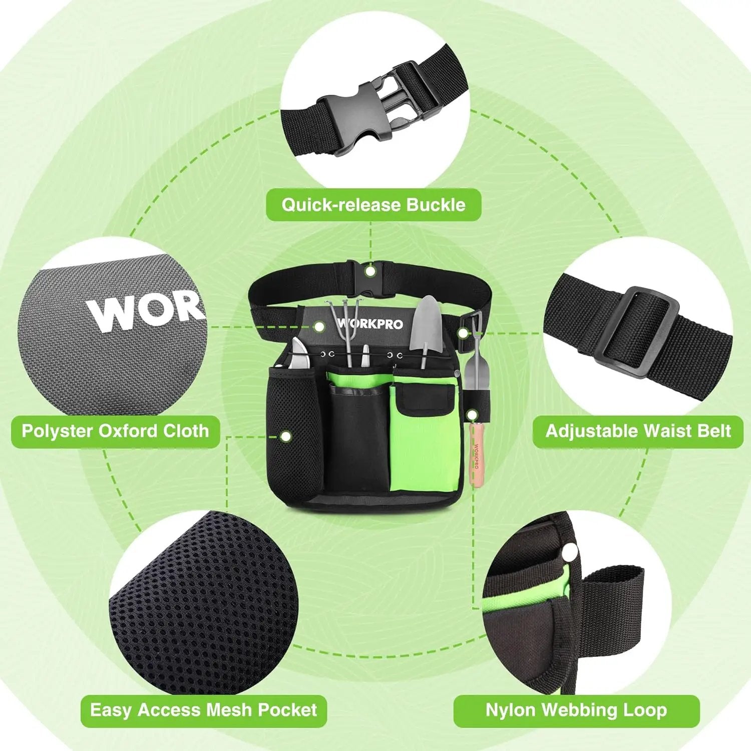 WORKPRO Garden Tool Belt, 5-Pocket Single Side Gardening Tool Pouch with Adjustable Waist Strap, Utility Garden Waist Bag for Women, Ideal for Gardening, Carpentry, and DIY Projects by GreenHaven Gardens