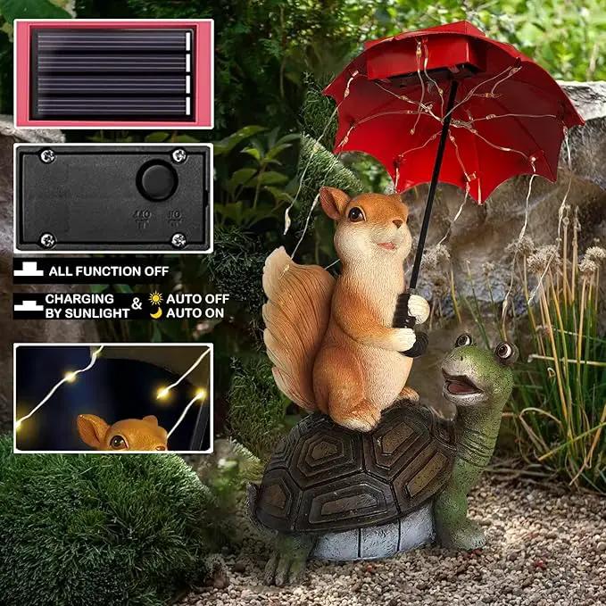 Solar Garden Statue Outdoor Decor - Squirrel Standing on Turtle Holding Umbrella with String Lights Outdoor Waterproof Statues for Patio Lawn Yard Decoration Garden Ornaments Housewarming Gifts by GreenHaven Gardens