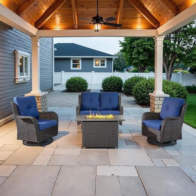 4 Piece Patio Furniture Set with Fire Pit Table - 41inch 50000 BTU Propane Fire Pit Table with High Back Loveseat Glider Chair and 2 Swivel Rocker Chair for Casual Gathering by GreenHaven Gardens
